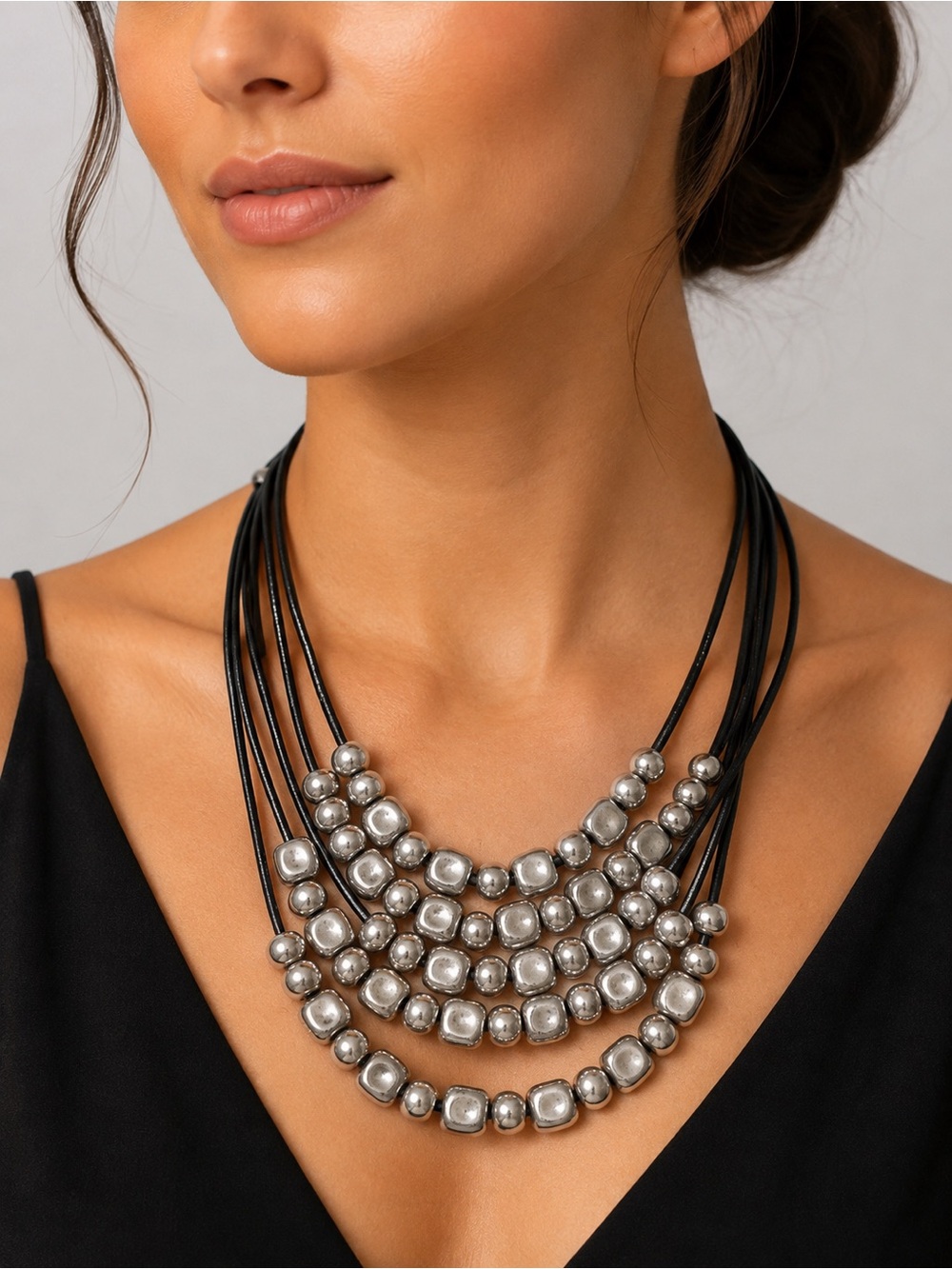 Silver Tone Multi-Strand Black Cord Statement Bib Necklace